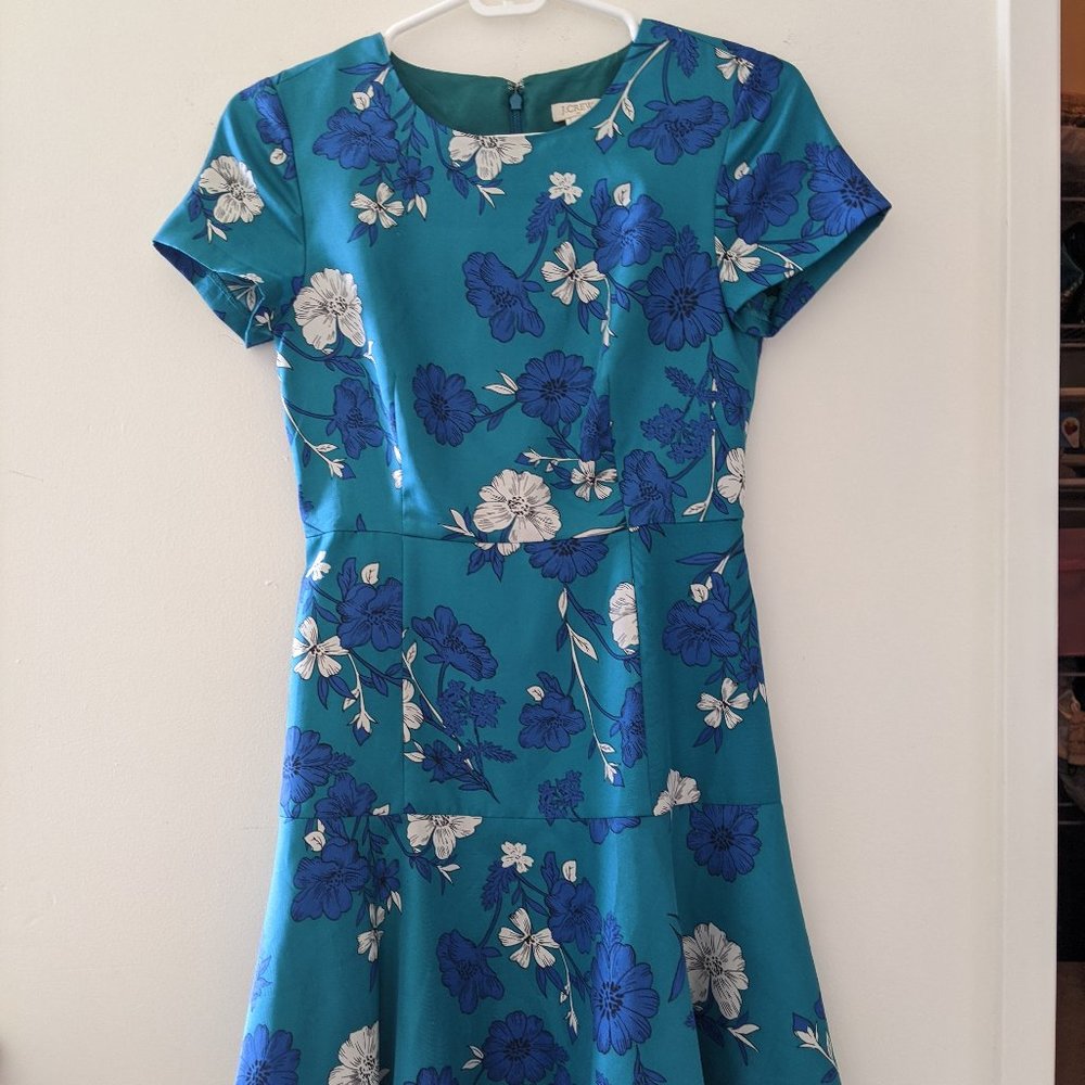 J.Crew Silky Floral Flare Dress Blue & White E4927